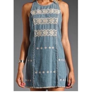 Free People chambray tribal embroidered denim dress